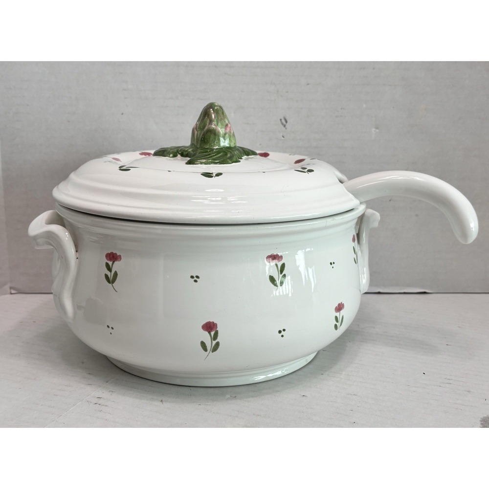 Hand Painted Italian Ceramic Soup Tureen w/ Lid & Ladle – Floral – Italy